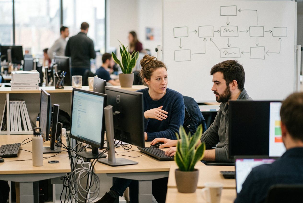 Two people at desks in a bright open-plan support office.
