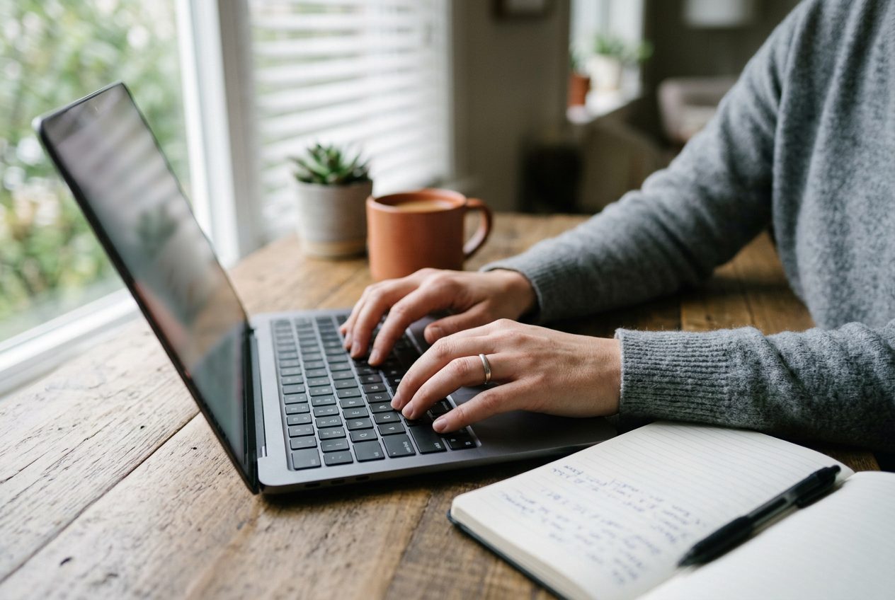 Hands typing on a laptop beside an open notebook.
