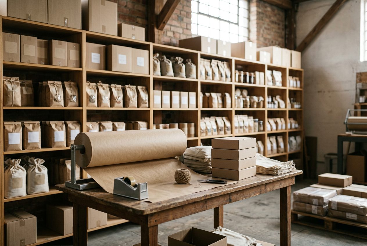 Shelves of boxed and bagged goods beside a packing table in a small warehouse.