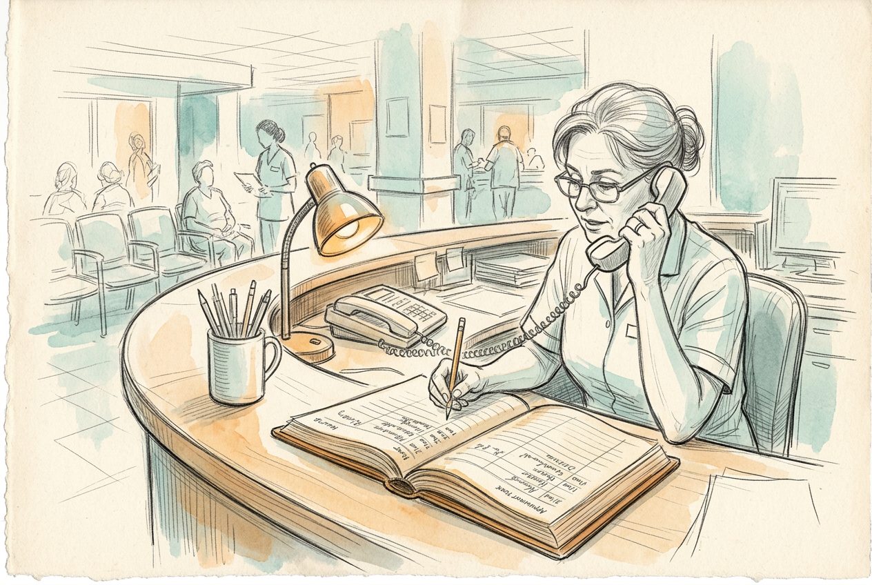 A pencil sketch of a receptionist on the phone writing in an appointment book.