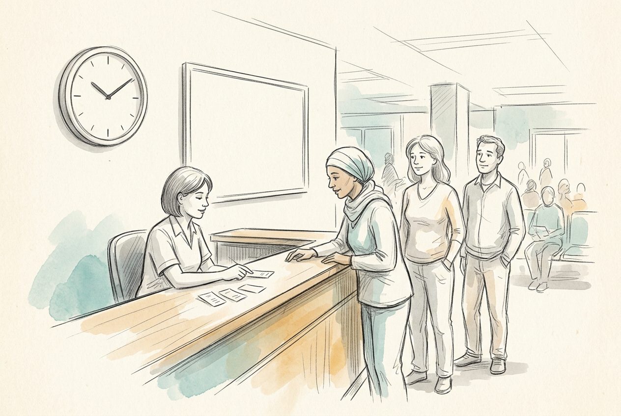 A pencil sketch of patients queuing at a hospital front desk counter.
