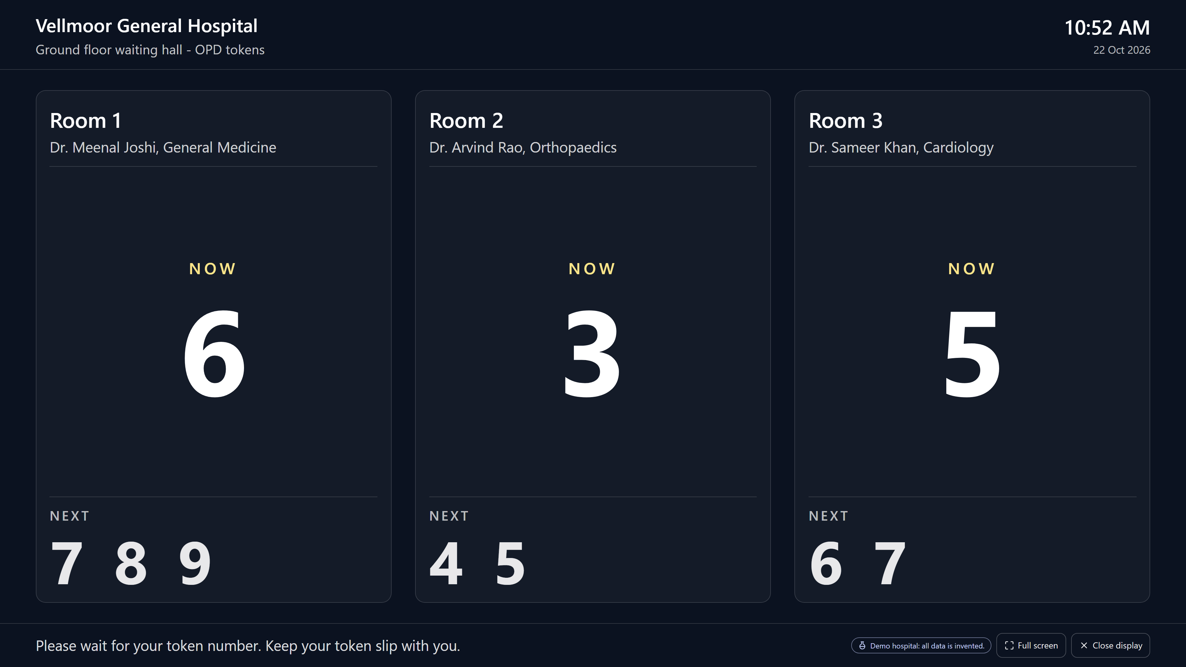 The MediFlow waiting-room display: the token now being served for each room and the next numbers, with no patient names. Sample data.