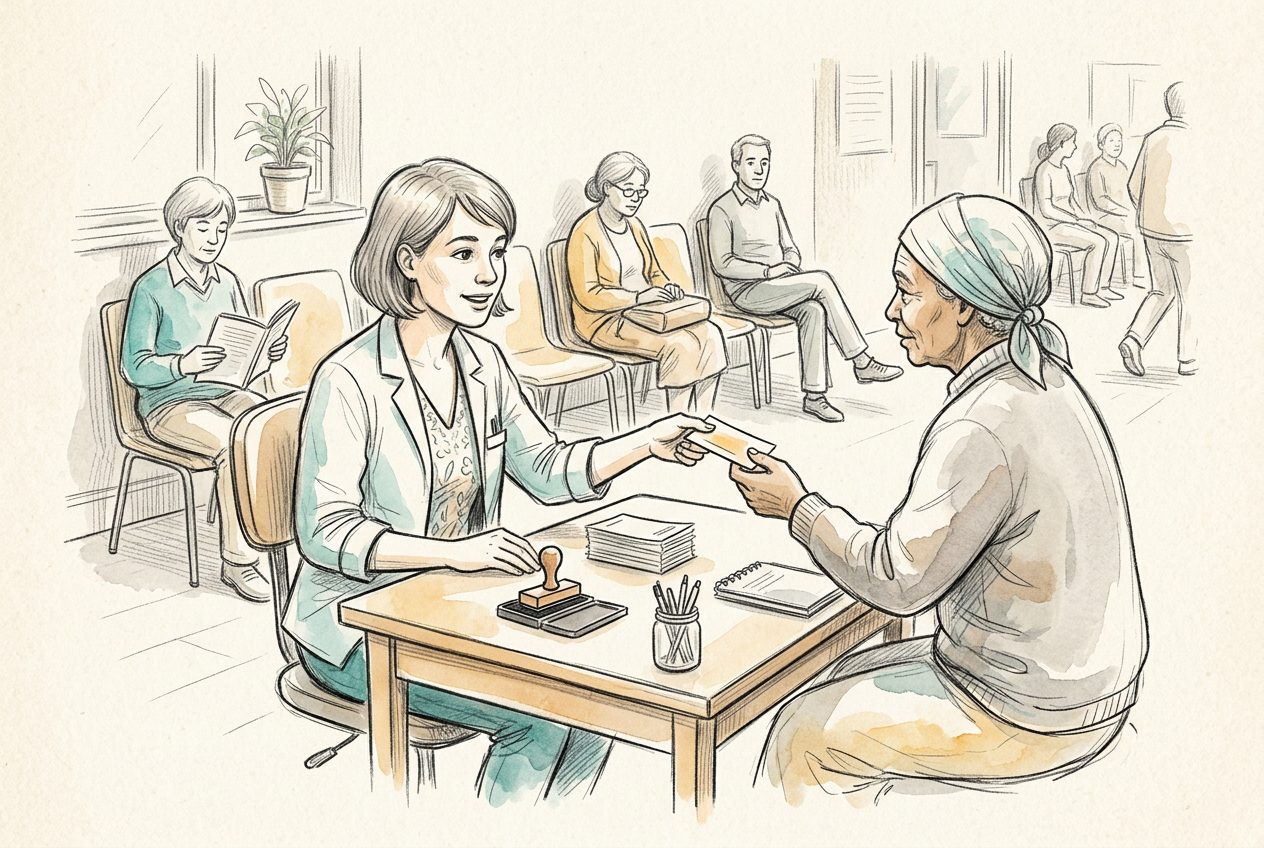 A pencil sketch of a clinic assistant handing a paper token to a patient.