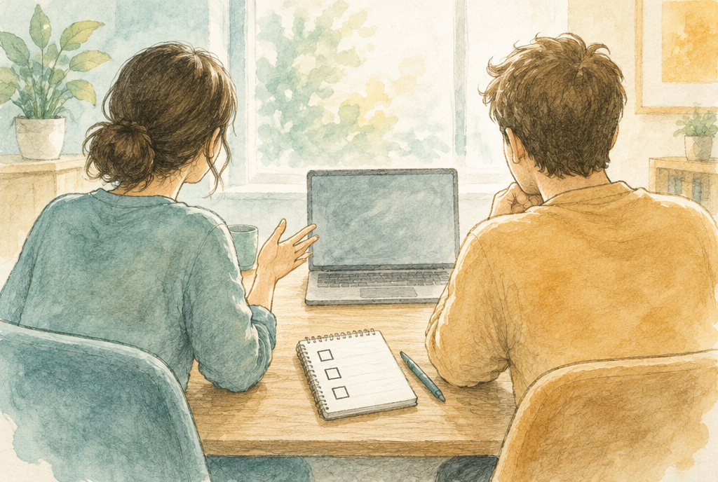Watercolour sketch of two people seen from behind at a table, a laptop between them and a notepad with three empty tick boxes
