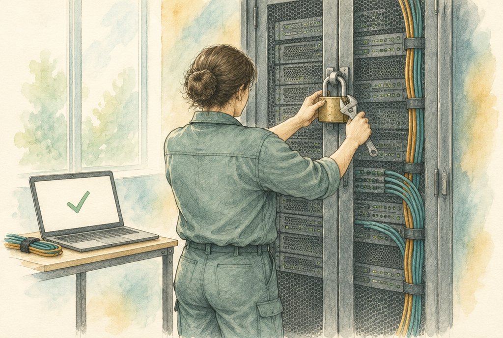 Watercolour sketch of a technician seen from behind tightening a padlock on a server rack with a wrench, a laptop with a green tick on a table beside them