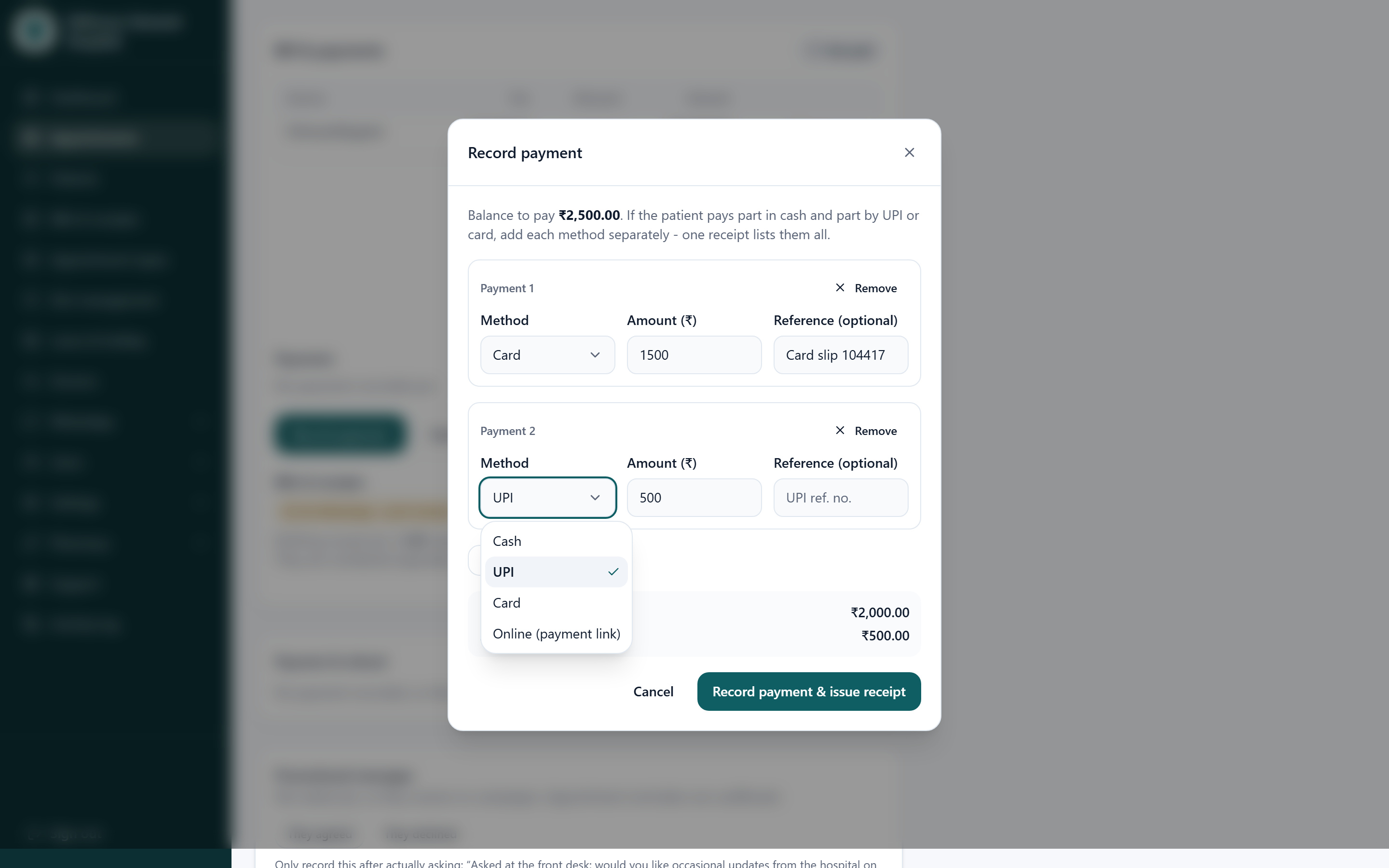The MediFlow billing screen with the record-payment window open, splitting one bill across payment methods. Sample data only.