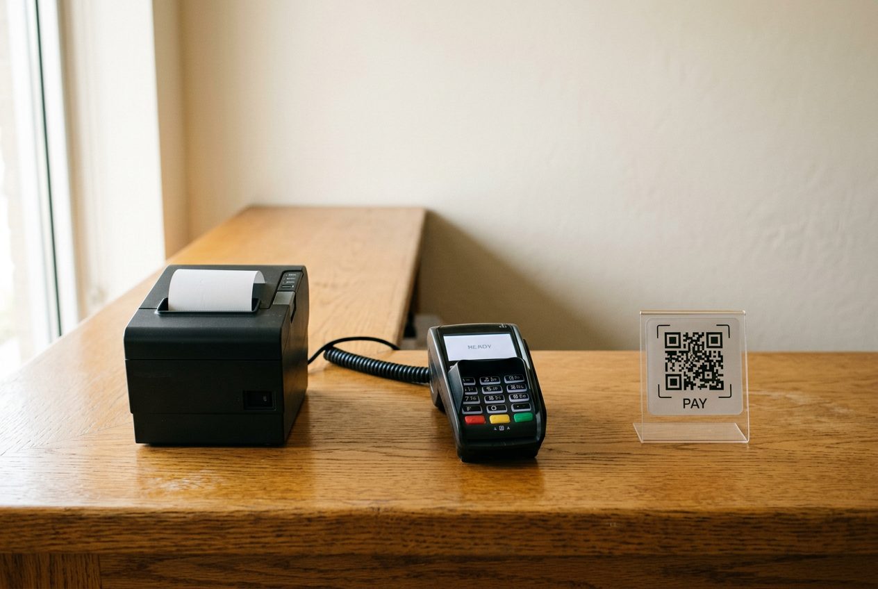 An empty hospital billing counter with a receipt printer, a card terminal and a QR payment stand.