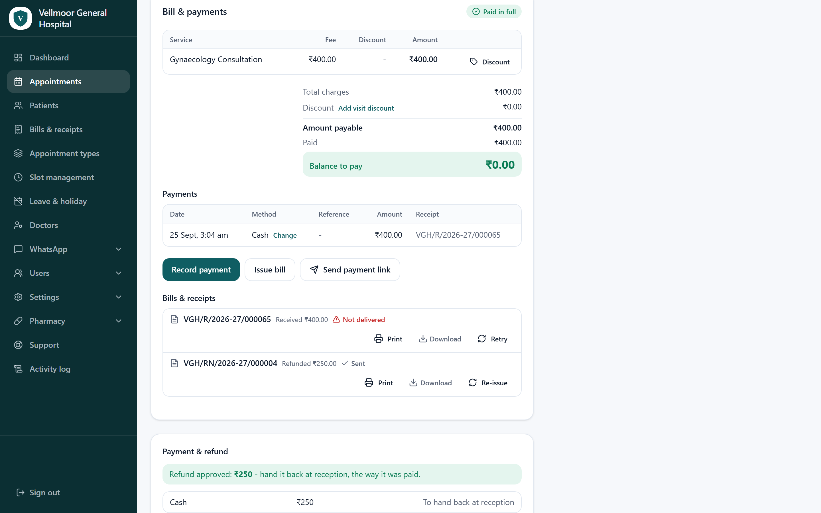 The MediFlow refund screen for an OPD payment. Sample data only.