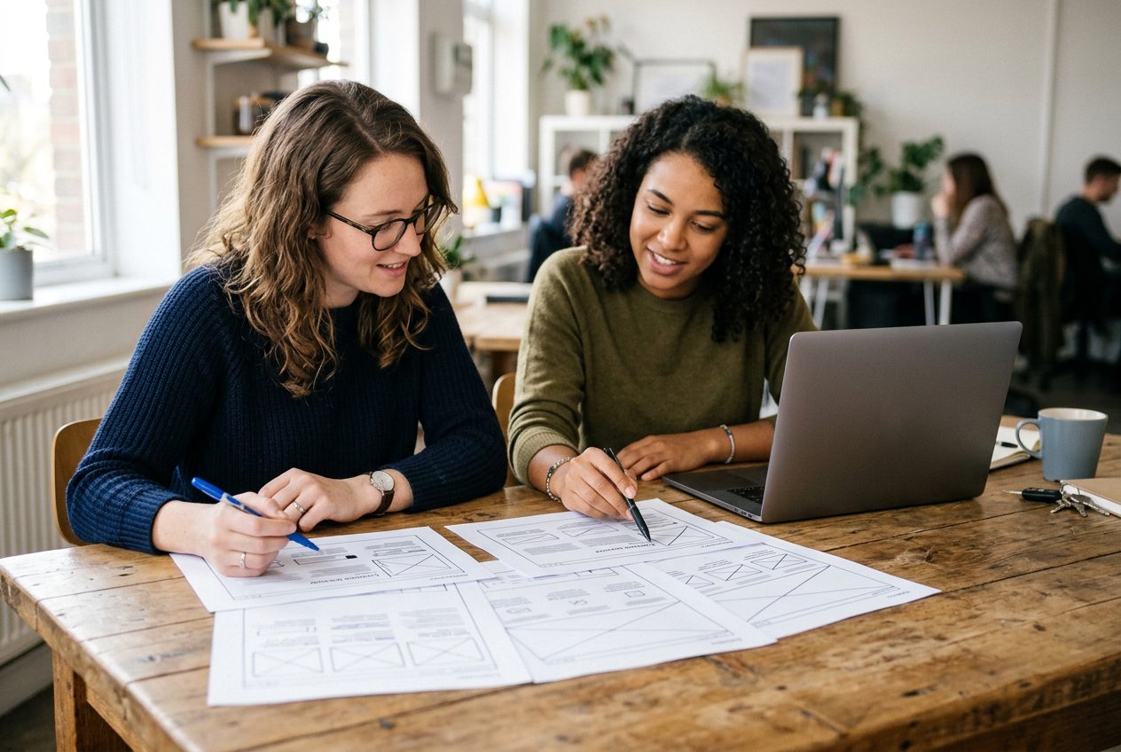 Two people reviewing printed website pages at a table.