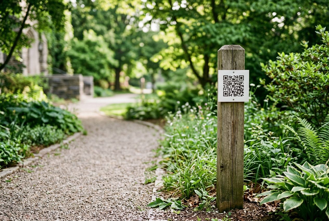 A QR code sign on a wooden post beside a garden path.