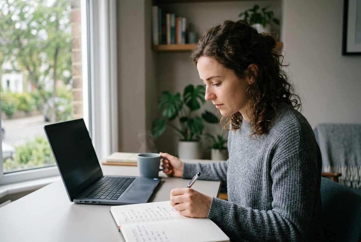 A developer at a desk with a laptop and a checklist notebook.