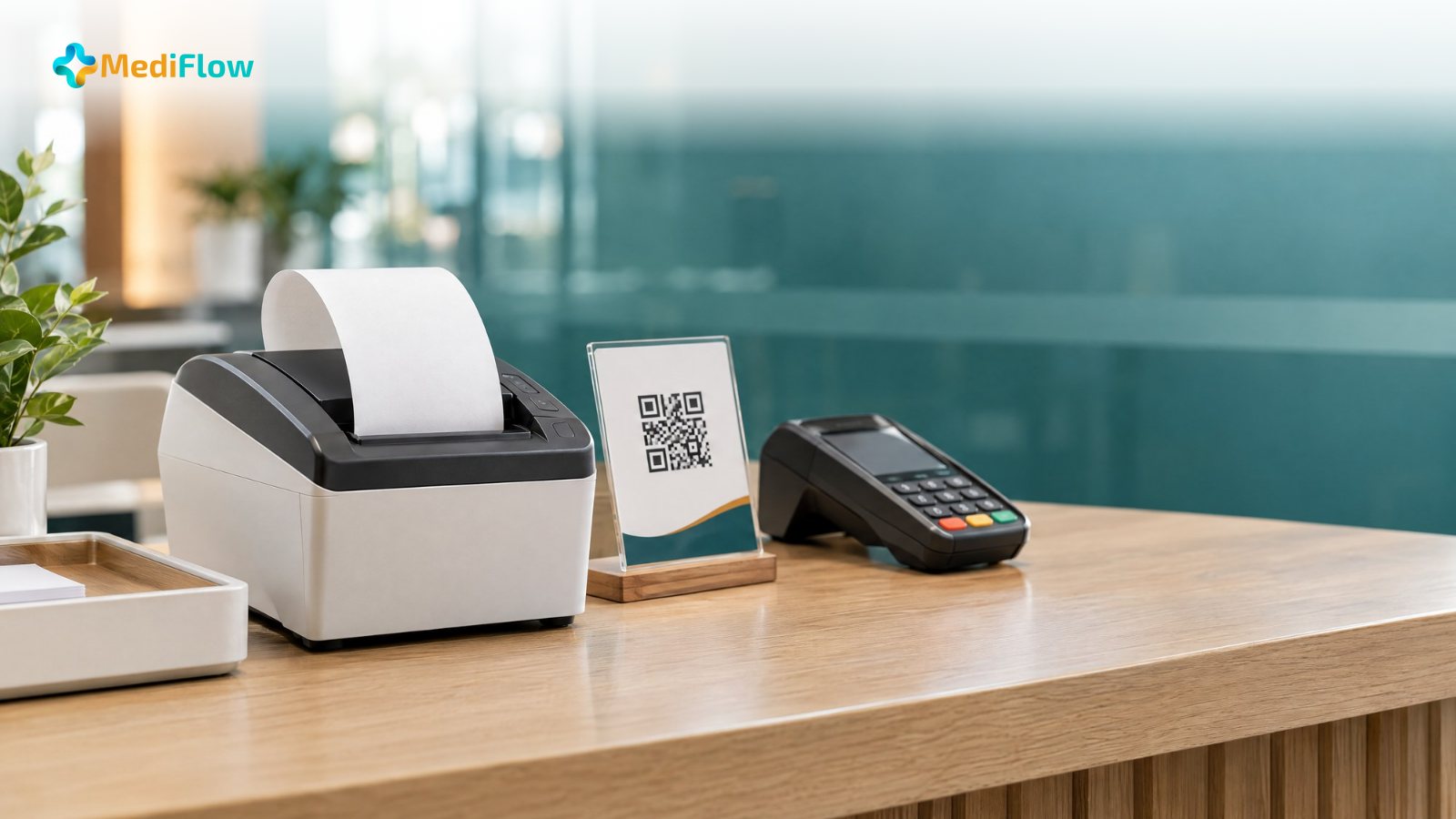 A hospital billing counter with a receipt printer, a QR payment stand and a card terminal on a light oak top, with the MediFlow logo.
