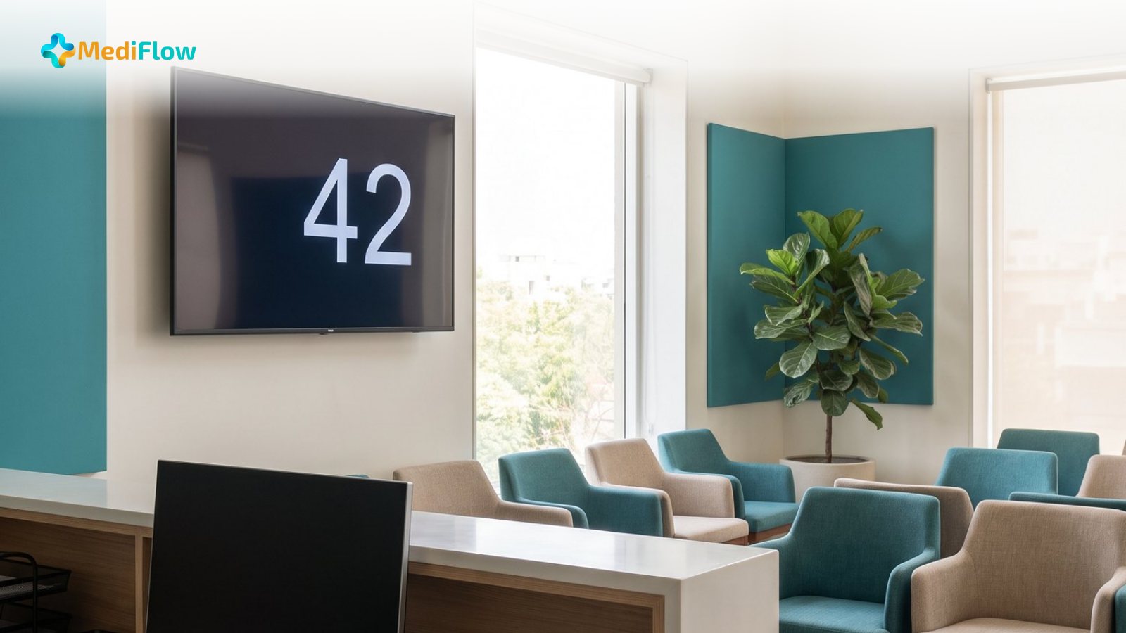 A calm waiting lounge with a screen showing the token number 42 and a MediFlow logo.