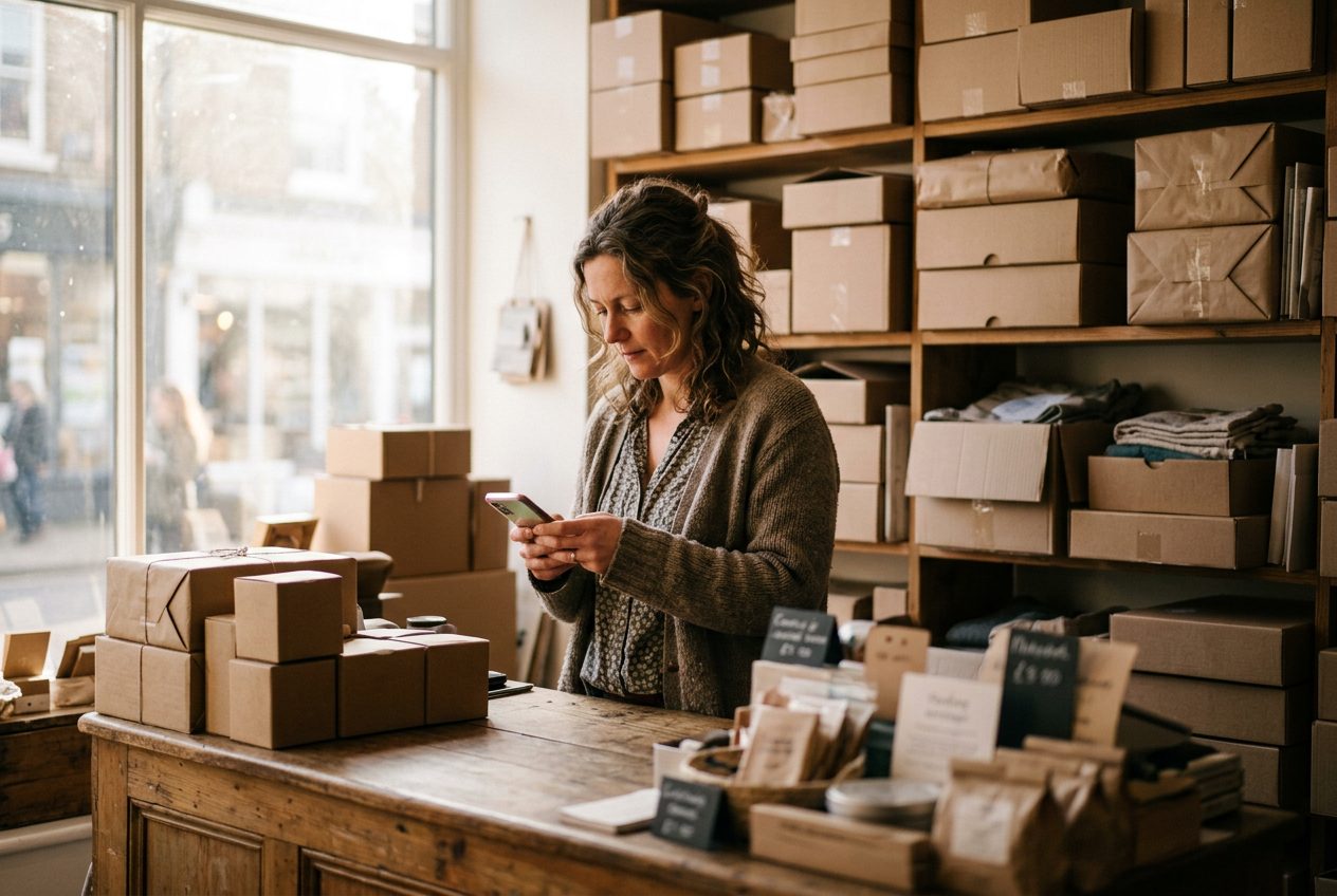 A shop owner at her counter looking at her phone, with boxes of stock on the shelves behind her.