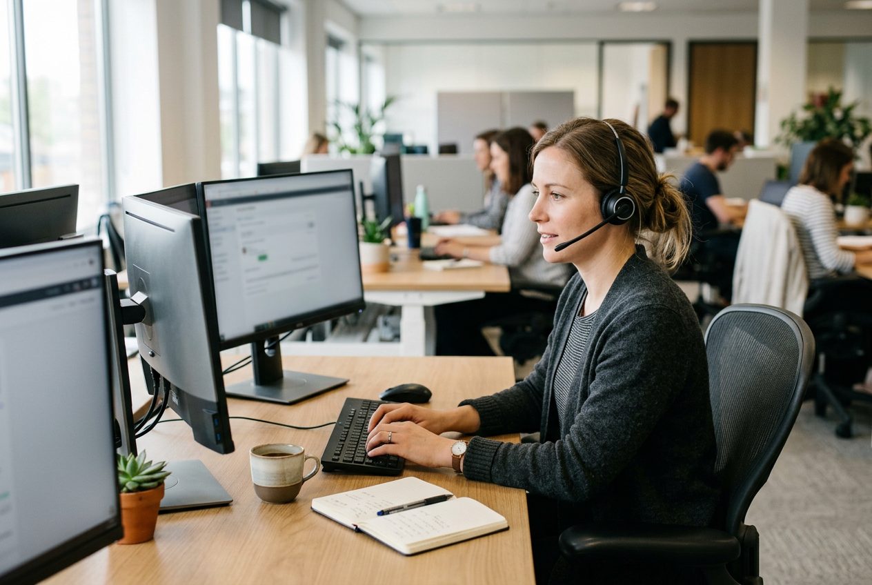 A support agent wearing a headset at a desk with two monitors in a daylit office.